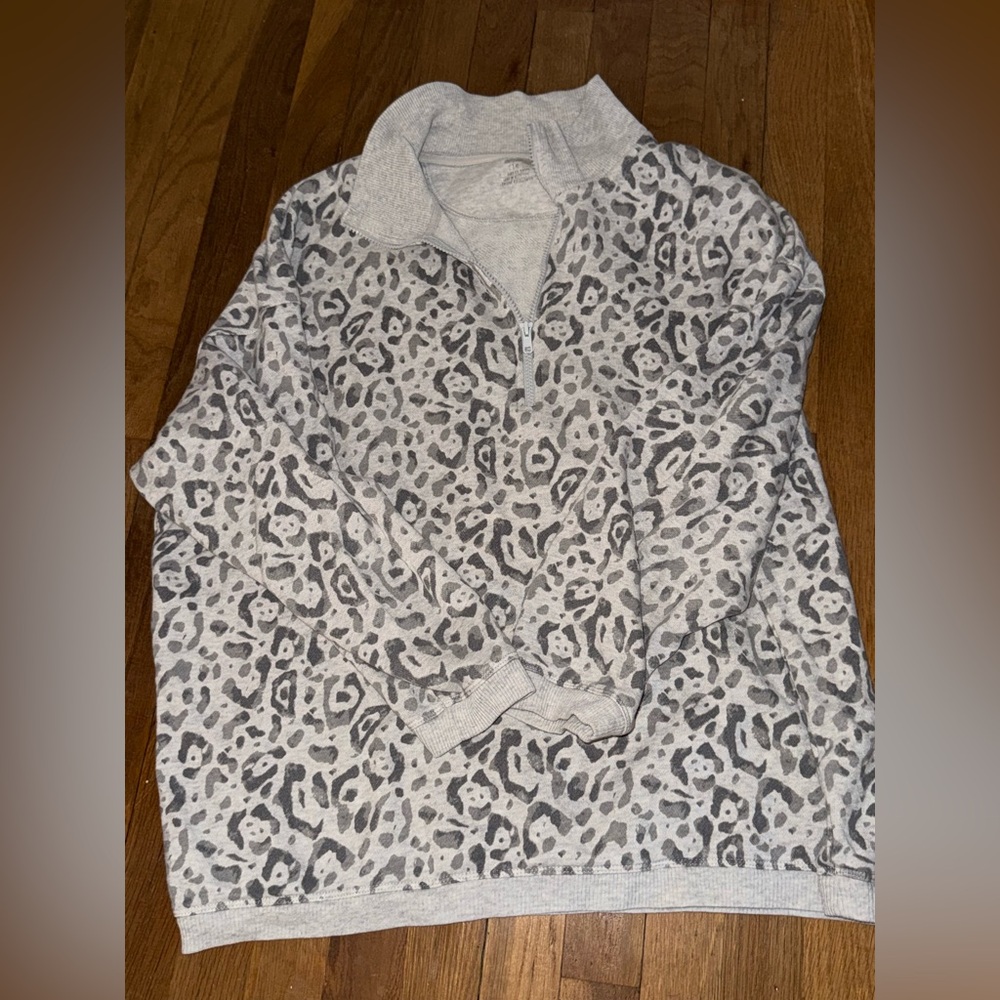 aerie Gray Leopard Quarter-Zip Sweater